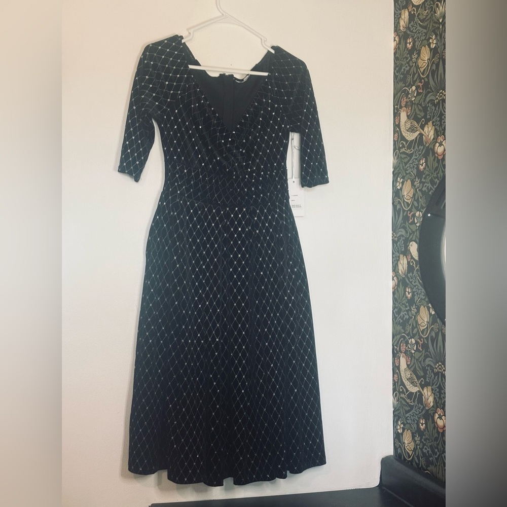Unique Vintage black velvet & glitter diamond midi swing dress Sz M (6-8) NEW